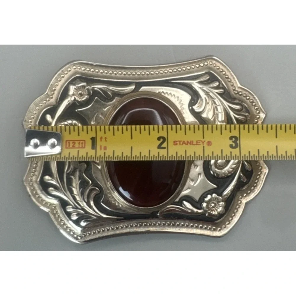 Vintage Western Agate Cabochon Engraved Floral Cowboy Belt Buckle Gold Toned